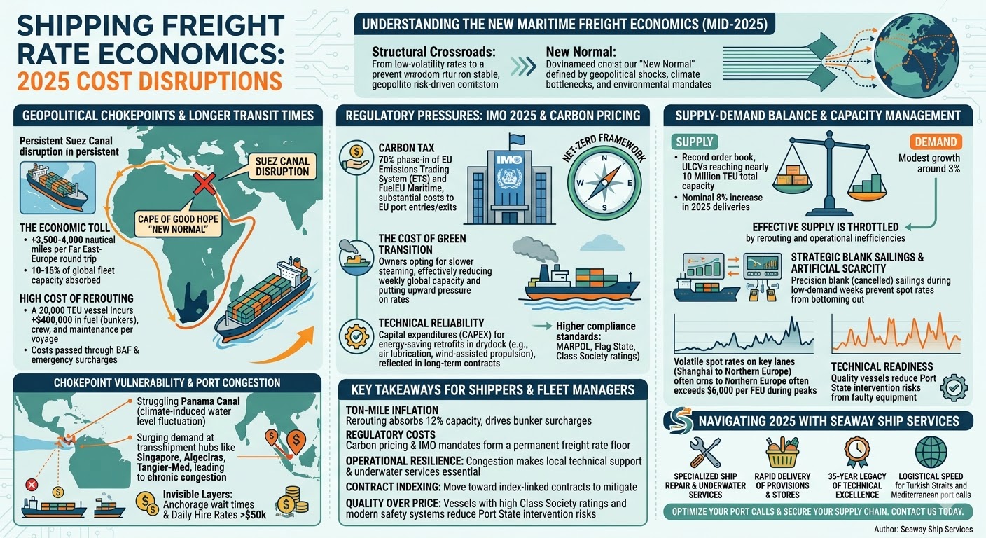 A large container ship navigating through a busy port terminal representing global freight economics.